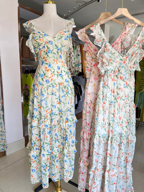 Summer Floral Print Slit Long Dresses